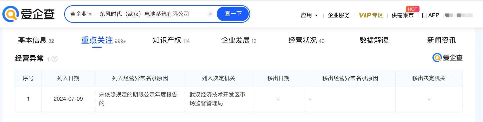 东风时代武汉电池系统公司经营异常，未按期限公示年报